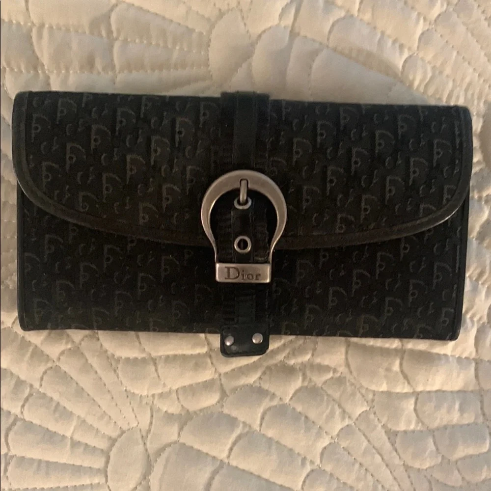 Dior vintage-1990’s Black Monogram continental wallet with Silver Buckle clasp